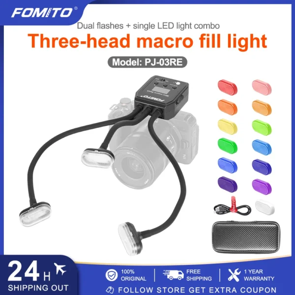 FOMITO Mini Macro Flash Three-Head Diffuser 8 Brightness Level Adjustable LED Light Assist Focusing Built in Lithium Battery