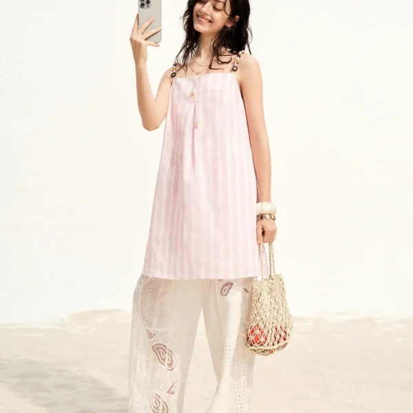 DUSHU Women’s 2026 Summer New Beaded Decor Casual Dress Loose Vacation Style Figure-Friendly Multi-Size Elegant Midi Dress