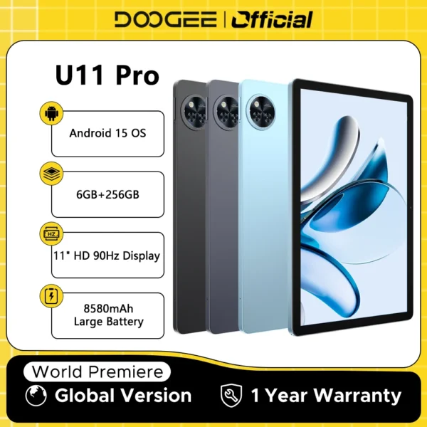Global Version DOOGEE U11 Pro Android 15 Tablet 30GB(6+24) 256GB 11″ HD 90Hz Display 8580mAh Battery Unisoc T7200 octa-core