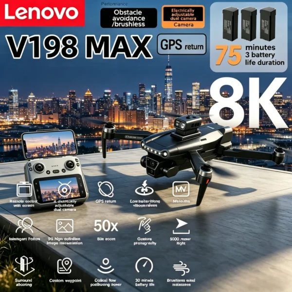Lenovo V198MAX GPS Drone 4K 8K Professional Camera Aerial FPV Brush Laser Obstacle with Large Screen Remote Control Folding Dron