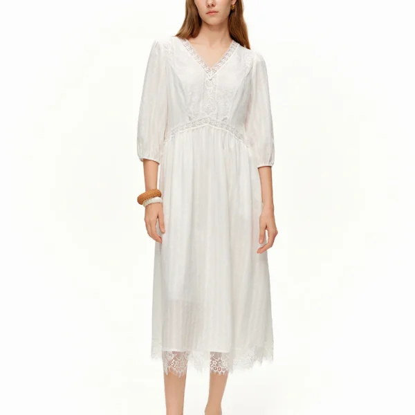 DUSHU 2026 Spring Women’s Lace Panel V-Neck A-Line Dress – Flattering Slim Fit Office Commute Mid-Length Elegant Dress