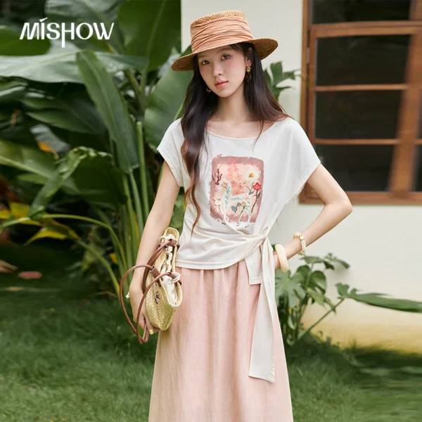 MISHOW Women’s Printed Twist Tie T-shirt Lyocell Midi Skirt 2pcs Set 2026 Summer Casual Tees Loose Slim Skirts Sets MXF20T1697