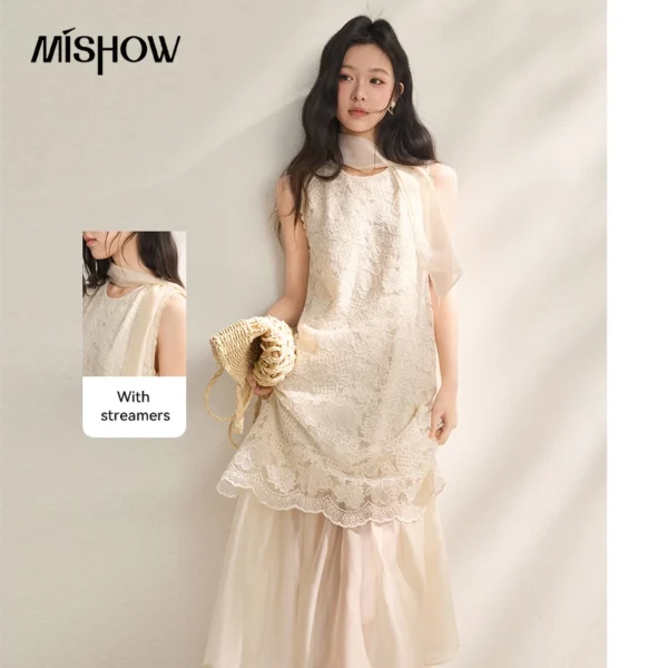MISHOW Women Embroidery Lace Two-Layer Dress Sleeveless with Matching Scarf Included Elegant 2026 Summer Midi Dress MXF22L2663