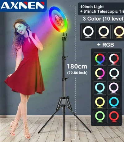 10in 26cm RGB Selfie Ring Light with Telescopic Tripod Stand Phone Holder, Photography RingLight Colorful Led Makeup Fill Lamp