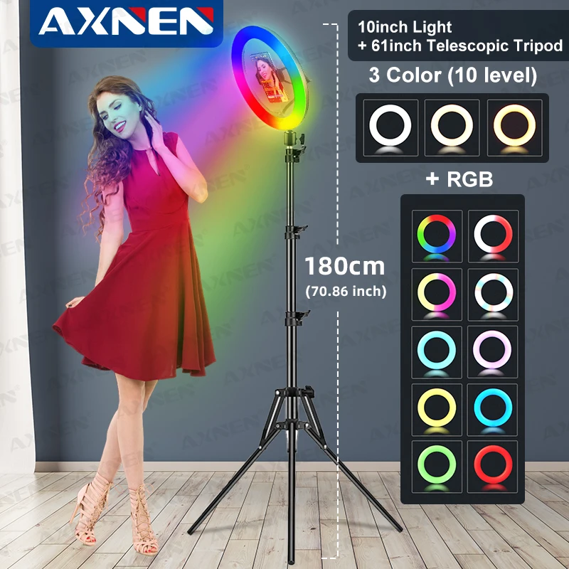 10in 26cm RGB Selfie Ring Light with Telescopic Tripod Stand Phone Holder, Photography RingLight Colorful Led Makeup Fill Lamp 10in 26cm RGB Selfie Ring Light with Telescopic Tripod Stand Phone Holder, Photography RingLight Colorful Led Makeup Fill Lamp