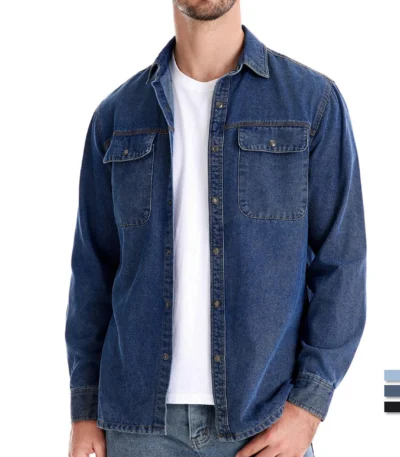 AIOPESON Brand New Mens 100% Cotton Denim Shirts Double Pocket Casual Cowboy Mens Shirts Long Sleeve Autumn Jeans Shirts for Men 1