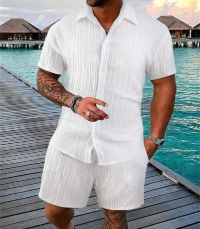 2024 New style Summer Men's Fashion Beach Suit Outdoor Sports Casual Shirt Solid color Loose Short Sleeve Shorts Beach two-piece 1
