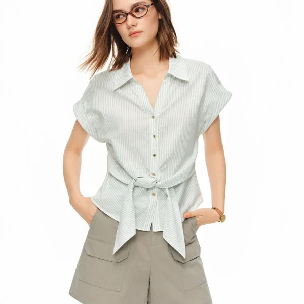 DUSHU 2026 Summer Women’s Raglan Sleeve Striped Shirt Tie Detail – Understated City Style for Office Commute and Daily Outing