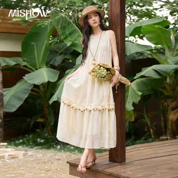 MISHOW Apricot Sleeveless Flower Embroidered Dress For Women 2026 Summer New Ruffles Wooden Bead Tassel Long Dress MXF26L2715