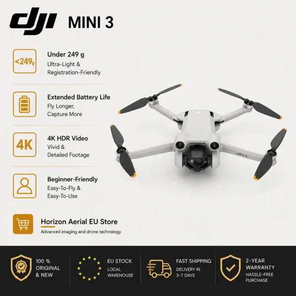 EU Stock 100% Original DJI Mini 3 Drone | Under 249g | 4K HDR Video | Extended Battery Life | True Vertical Shooting | Easy-To-Fly | 2-Year Warranty