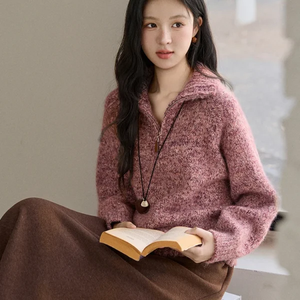 MISHOW Women’s Pink Speckled Knitted Sweater 2025 Autumn Winter Half-Zip Collar Sweaters Loose Warm Pullover Tops MXE91Z2852