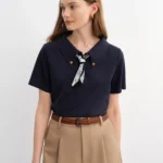 DUSHU Plus Size Women Waistflower Scarf Pattern Short Sleeve Polo Collar T-Shirt New 2025 Arrival Relaxed Fit 25DS82918