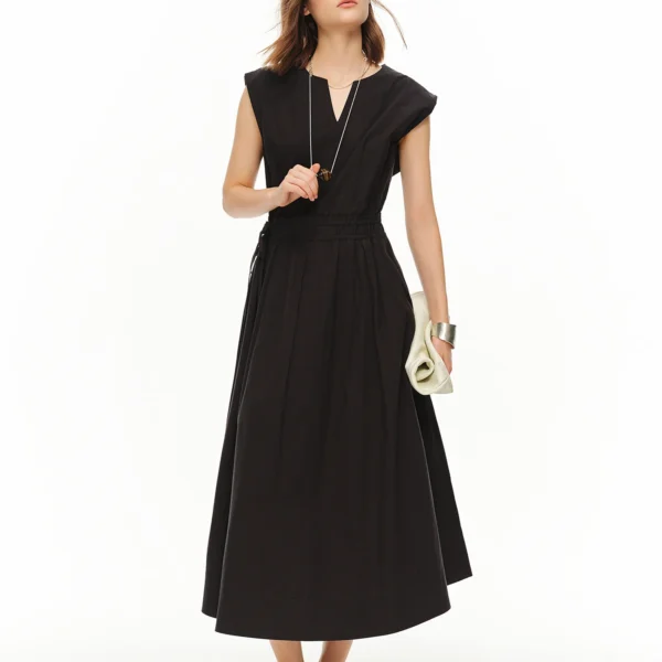 DUSHU 2026 Summer Women V-Neck Waist-Cinching A-Line Midi Dress Intellectual Sleeveless Office Slip Quiet Luxury Poetcore Style