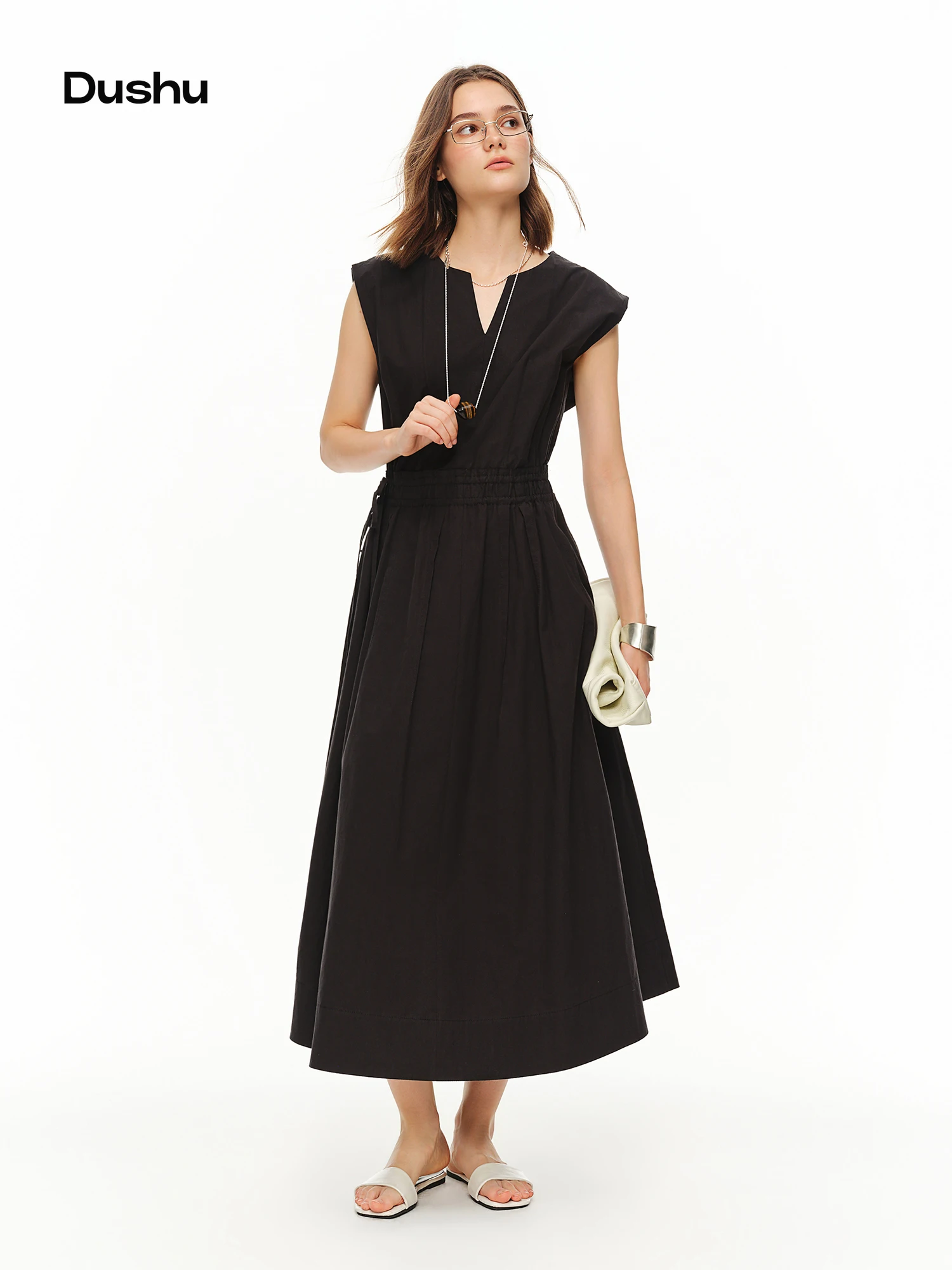 DUSHU 2026 Summer Women V-Neck Waist-Cinching A-Line Midi Dress Intellectual Sleeveless Office Slip Quiet Luxury Poetcore Style DUSHU 2026 Summer Women V-Neck Waist-Cinching A-Line Midi Dress Intellectual Sleeveless Office Slip Quiet Luxury Poetcore Style