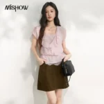 MISHOW Women’s Pink Fake Two Piece Blouse 2026 Summer V Neck Ruffle Trim Lace Splice Peplum Waist Elegant Casual Tops MXF27X2690