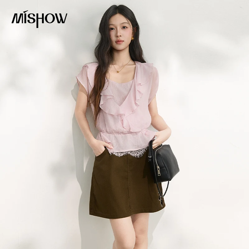 MISHOW Women's Pink Fake Two Piece Blouse 2026 Summer V Neck Ruffle Trim Lace Splice Peplum Waist Elegant Casual Tops MXF27X2690 1