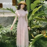 MISHOW Women’s Pink Subtle Print Chiffon Midi Dress 2026 Summer Twist Front V Neck High Waist Slim Elegant Long Dress MXF28L2781