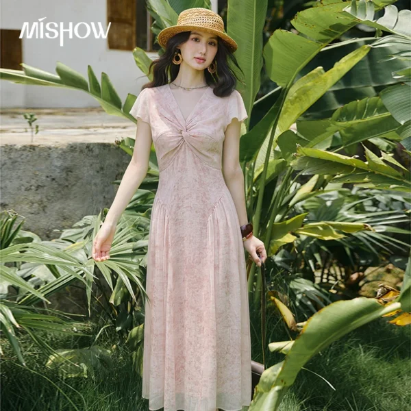 MISHOW Women’s Pink Subtle Print Chiffon Midi Dress 2026 Summer Twist Front V Neck High Waist Slim Elegant Long Dress MXF28L2781