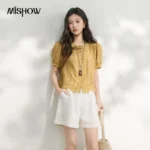 MISHOW Women’s Yellow Vintage Blouse 2026 Summer Round Neck Lace Trim Puff Sleeve Hollow Embroidery Cutout Hem Tops MXE35C0795