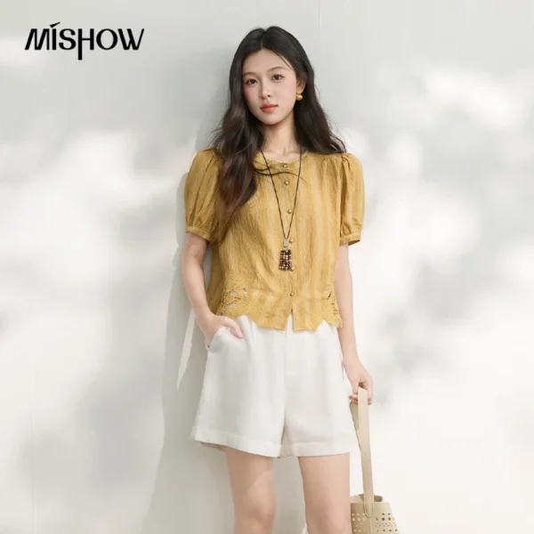 MISHOW Women’s Yellow Vintage Blouse 2026 Summer Round Neck Lace Trim Puff Sleeve Hollow Embroidery Cutout Hem Tops MXE35C0795
