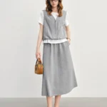 DUSHU Fake Two-piece Short-sleeved Skirt Suit 2025 New Gray Simple Top Skirt Two-piece Suit Ins Korean Style 25DS88030+25DS88031
