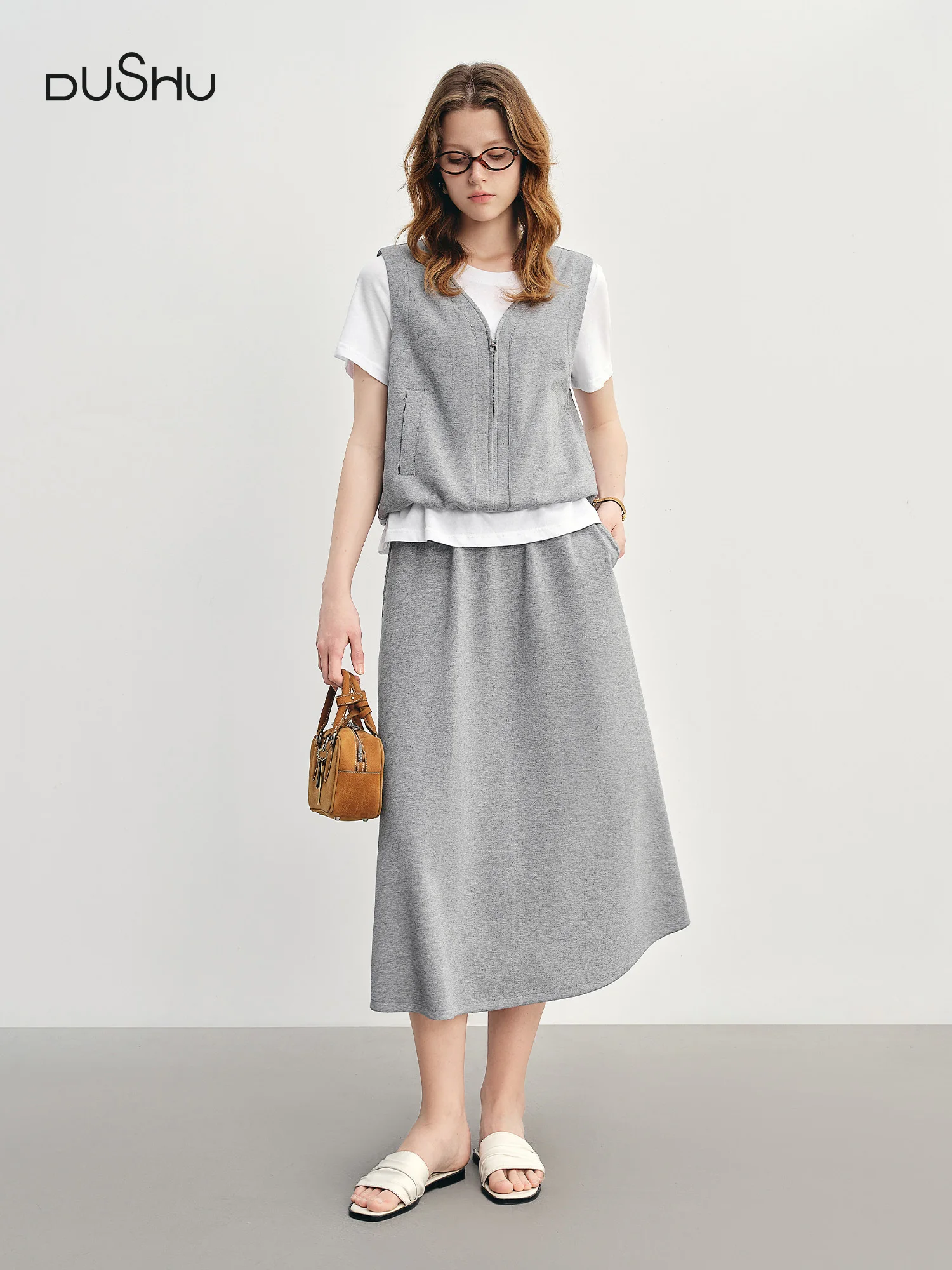 DUSHU Fake Two-piece Short-sleeved Skirt Suit 2025 New Gray Simple Top Skirt Two-piece Suit Ins Korean Style 25DS88030+25DS88031 DUSHU Fake Two-piece Short-sleeved Skirt Suit 2025 New Gray Simple Top Skirt Two-piece Suit Ins Korean Style 25DS88030+25DS88031