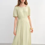 DUSHU Commuter Simple Dress 2025 Summer New Beaded Round Neck Tie Waist Slim MIdi-length Dress 25DS82976