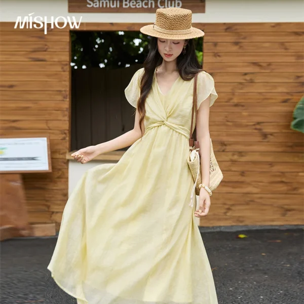 MISHOW Yellow French Midi Dress 2026 Summer V Neck Twist Waist Short Sleeve A-Line Dress Elegant Vacation Long Dress MXF27L2710