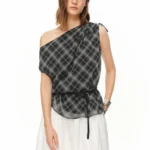 DUSHU 2026 Women Asymmetrical Neck Plaid Blouse Drawstring Short Sleeve Loose Casual Daily Top Multiple Body Shapes
