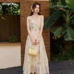 MISHOW French Embroidered Strap Dress with Floral 2026 Summer Irregular Hem Sweet Dresses Chest Drawstring Long Dress MXF29L2733