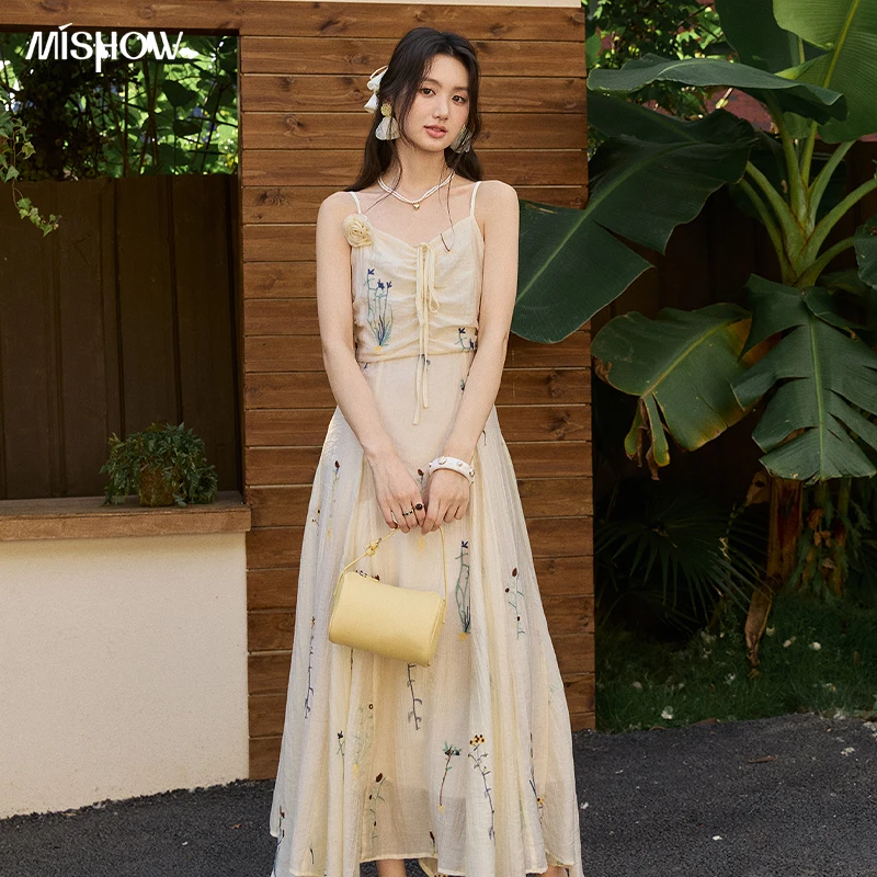 MISHOW French Embroidered Strap Dress with Floral 2026 Summer Irregular Hem Sweet Dresses Chest Drawstring Long Dress MXF29L2733 1