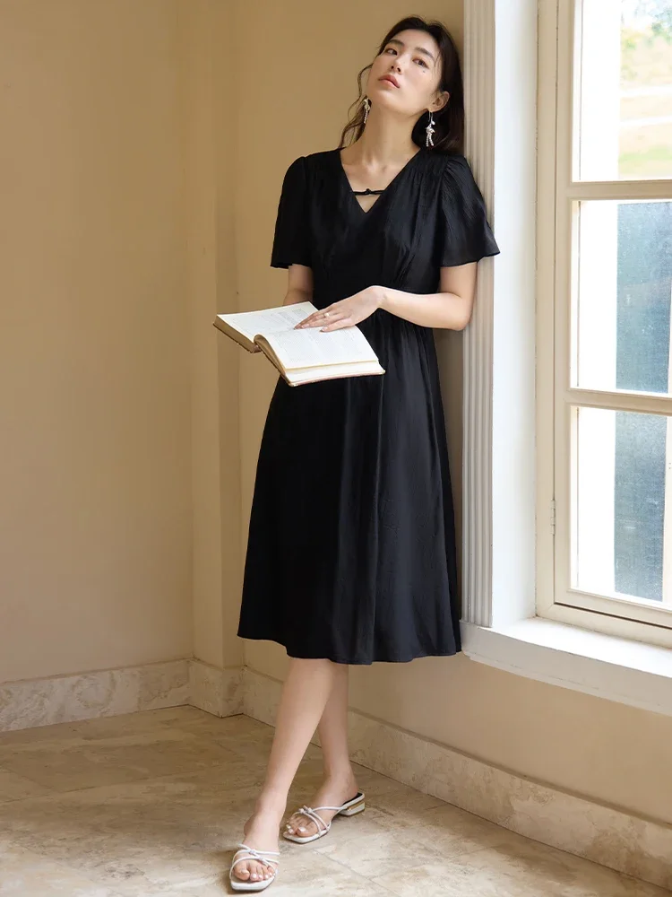 DUSHU French Style V-neck Elegant Casual Dress Summer New A-Line Long dress 2024 New Hepburn Style Ladies Dress 24DS82646 DUSHU French Style V-neck Elegant Casual Dress Summer New A-Line Long dress 2024 New Hepburn Style Ladies Dress 24DS82646