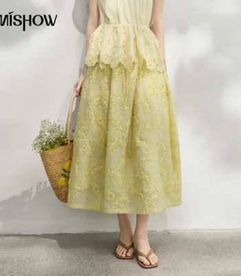 MISHOW Yellow Elastic Waist Flower Appliques Skirt For Women 2026 Summer Floral Loose Elegant Gentle A-Line Skirt MXF25B2533 1