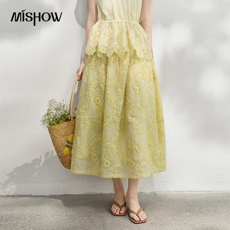 MISHOW Yellow Elastic Waist Flower Appliques Skirt For Women 2026 Summer Floral Loose Elegant Gentle A-Line Skirt MXF25B2533 1