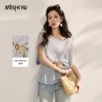 MISHOW Women’s Batwing Sleeve Chiffon Blouse 2026 Summer Light Blue Loose Top Elegant Casual Shirt With Free Belt MXF24X2614