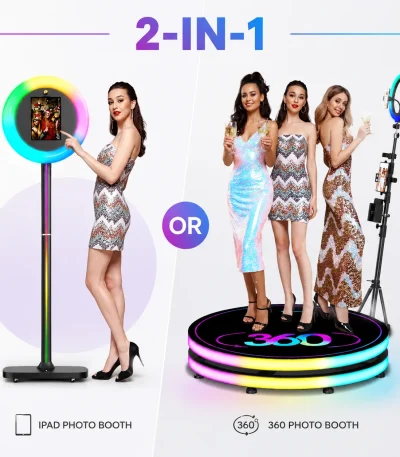 Professional 360 Photo Booth & iPad Photo Booth Event Party Machine for Wedding Rental Business LED RGB Ring Light Booth US Ship