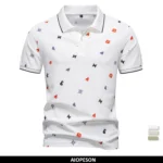 ‌Aiopeson 2025 Summer New Men’s Solid Color Polo Shirt with Printed Turn-Down Collar Casual Slim Fit Breathable Comfortable Top‌