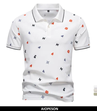 ‌Aiopeson 2025 Summer New Men's Solid Color Polo Shirt with Printed Turn-Down Collar Casual Slim Fit Breathable Comfortable Top‌ 1