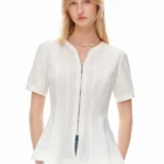 DUSHU 2026 Summer Women’s White V-Neck Short Sleeve Shirt Waist-Defining Fit – French-Inspired Elegant Style for Office Commute
