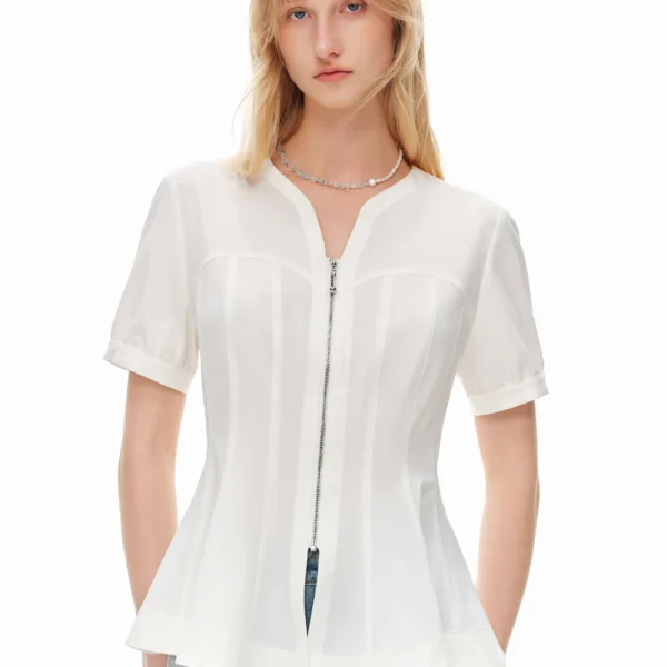 DUSHU 2026 Summer Women’s White V-Neck Short Sleeve Shirt Waist-Defining Fit – French-Inspired Elegant Style for Office Commute