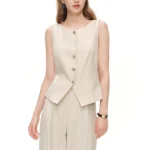 DUSHU Women’s 2026 New Summer Old Money Aesthetic Vintage Shell Button Vest High Waist Wide Leg Trousers Two Piece Set Women