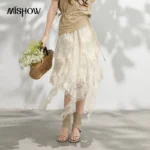 MISHOW Romantic Lace Chiffon Skirt for Women 2026 Summer Irregular Ruffle Edge Gentle Style Fake Temperament Dress MXF24B2516
