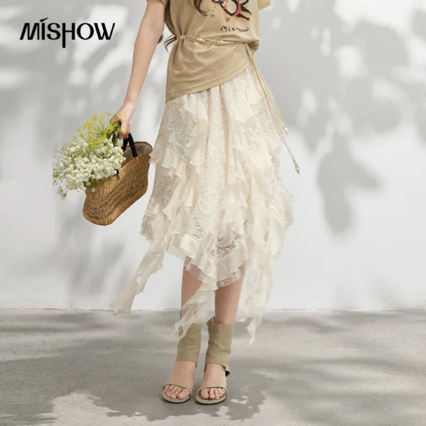MISHOW Romantic Lace Chiffon Skirt for Women 2026 Summer Irregular Ruffle Edge Gentle Style Fake Temperament Dress MXF24B2516