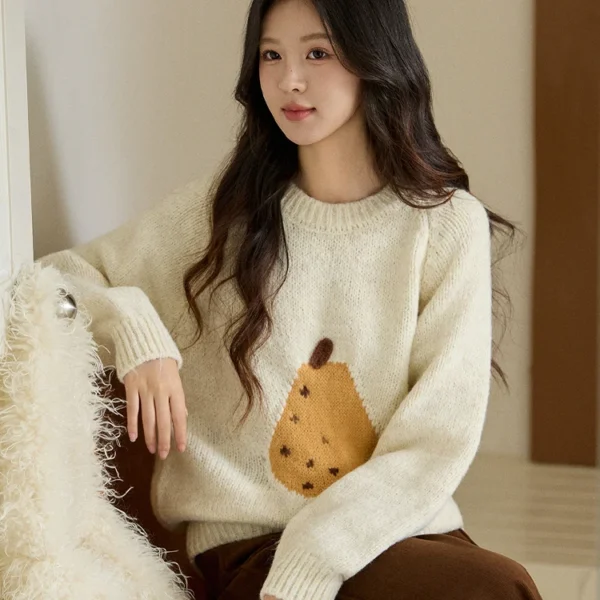 MISHOW Pear Pattern Jacquard Knitted Sweater Autumn Winter Crew Neck Loose Sweaters Wool Blend Warm Pullover Tops MXE94Z2959