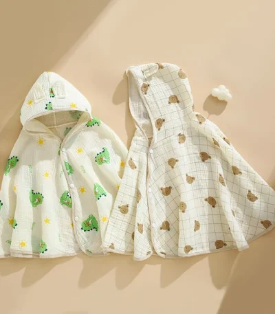 Breathable Cotton Baby Cape Bath Towel  Absorbent Hooded Bathrobe with Cartoon Pattern Soft Gauze Summer Sunscreen Beach Towel 1