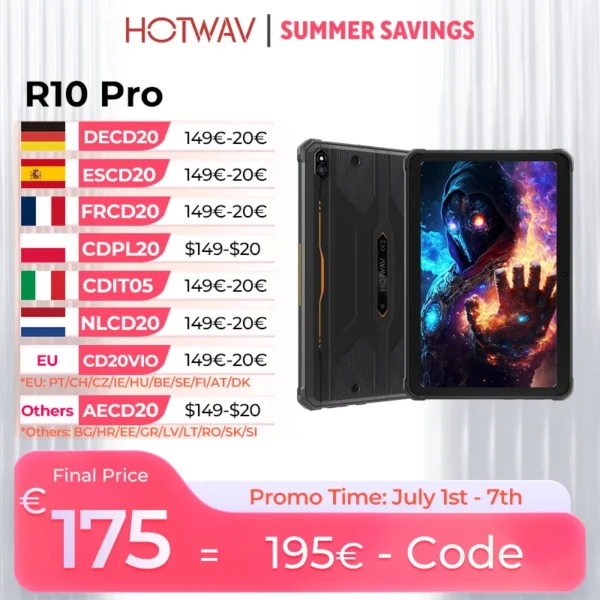 HOTWAV R10 Pro Rugged Tablet Android 14 10.1” HD+ 13MP Camera Pad 10800mAh Battery 8GB 256GB 8-core OTG Charging Tablet PC