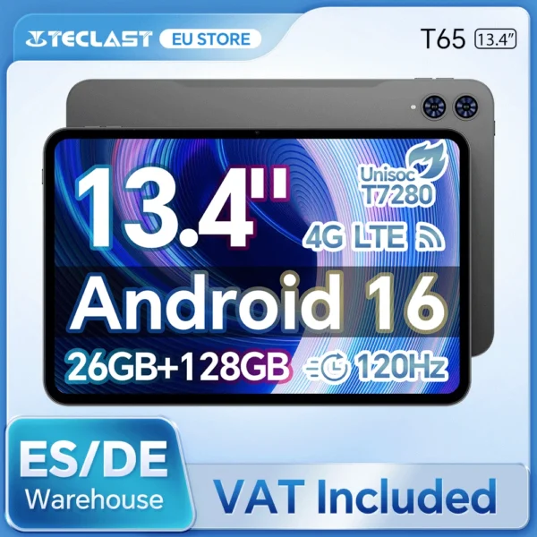 Teclast T65 Android 16 Tablet 13.4″ 120Hz Display T7280 8-Core 26GB RAM(6GB+20GB Expansion) 128GB ROM 4G LTE GPS 8000mAh Type-C