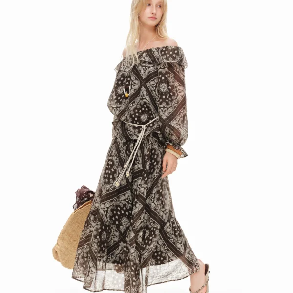 DUSHU Summer Women 2PCS Outfit Flower Printed Set Off Shoulder Long Sleeve Blouse & Midi Skirt Casual Daily Wear Coffee Brown