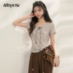 MISHOW Women’s V-Neck Tie-Up Knit T-Shirt 2026 Summer New Wood Bead Drawstring Silm Fit Tee Casual Short Sleeve Top MXF22T1549