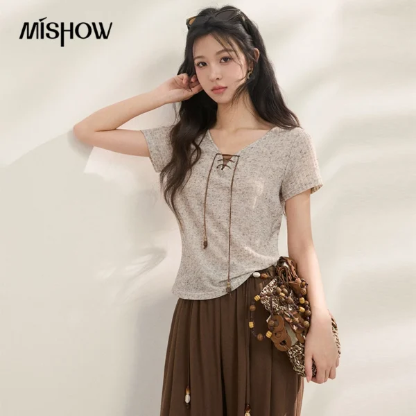 MISHOW Women’s V-Neck Tie-Up Knit T-Shirt 2026 Summer New Wood Bead Drawstring Silm Fit Tee Casual Short Sleeve Top MXF22T1549